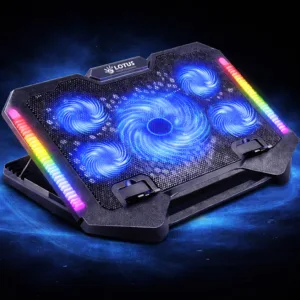 پایه خنککننده لپتاپ گیمینگ لوتوس مدل GF220-RGB دارای پنج عدد فن مناسب برای لپ تاپهای 14 تا 17 اینچی