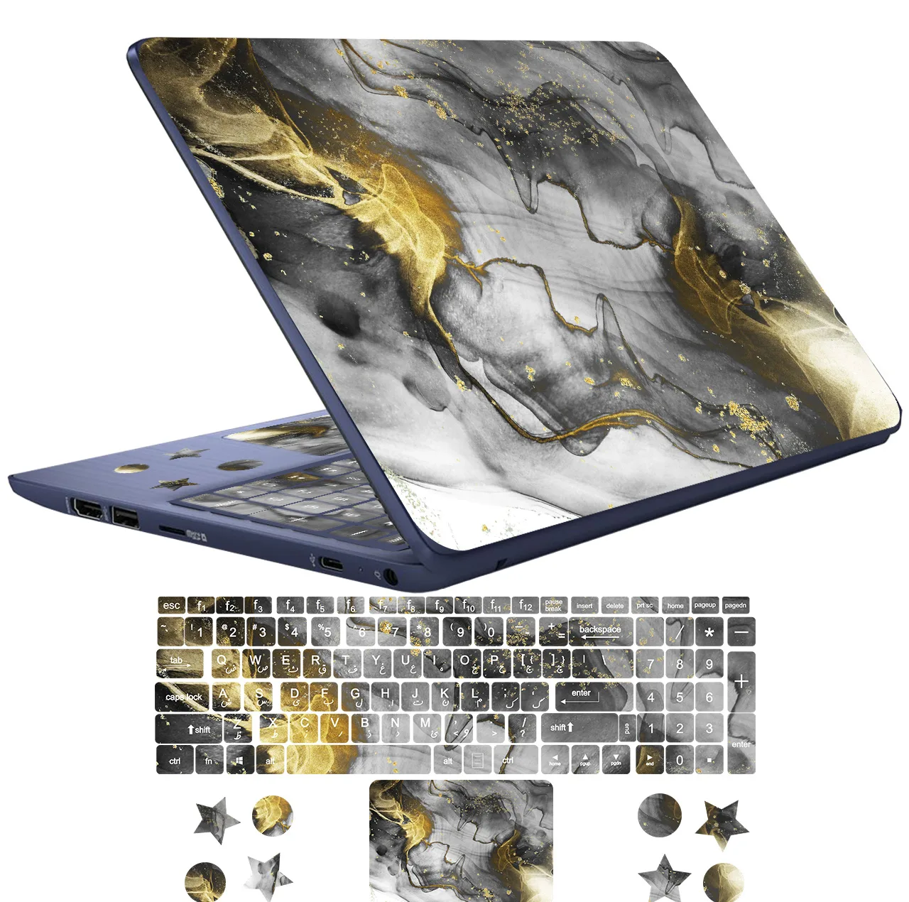 استیکر لپ تاپ راتیانا مدل marble 20 مناسب برای لپ تاپ 15 تا 17 اینچ به همراه برچسب حروف فارسی کیبورد