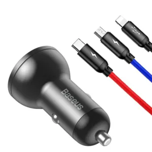 شارژر فندکی باسئوس مدل Car Charger Suit-24W به همراه کابل تبدیل microUSB/ USB-C / لایتنینگ