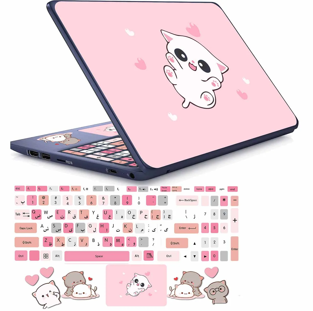استیکر لپ تاپ مدل cute cat 02 مناسب برای لپ تاپ 15 تا 17 اینچ به همراه برچسب حروف فارسی کیبورد