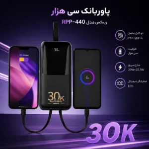 پاوربانک 22.5 وات ریمکس مدل RPP-440 ظرفیت 30000 میلی آمپر ساعت به همراه کابل USB-C و لایتنینگ