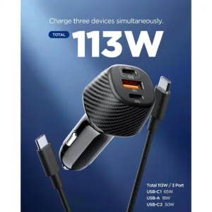 شارژر فندکی 113 وات سه پورت اسپیگن مدل EV1133 به همراه کابل تبدیل USB‑C
