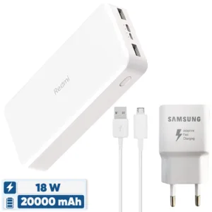 پاوربانک 18 وات شیائومی مدل Redmi PB200LZM ظرفیت 20000 میلی آمپرساعت به همراه شارژر دیواری سامسونگ و کابل تبدیل