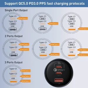 شارژر فندکی باسئوس مدل Multi-port Fast Charge 160W به همراه کابل تبدیل Usb-c