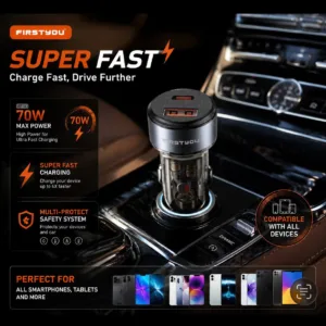 شارژر فندکی 70 وات دو پورت فرست یو مدل F070 به همراه کابل لایتنینگ