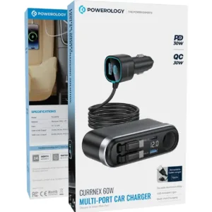 شارژر فندکی 60 وات پاورولوجی مدل PCCSR19BK به همراه کابل USB-C