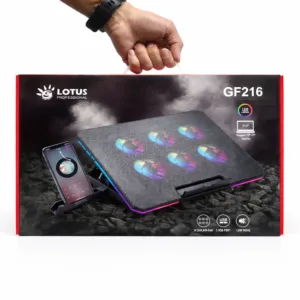 پایه خنک‌کننده لپ‌تاپ لوتوس مدل GF216-RGB دارای شش عدد فن مناسب برای لپ تاپ‌های 14 تا 17 اینچی