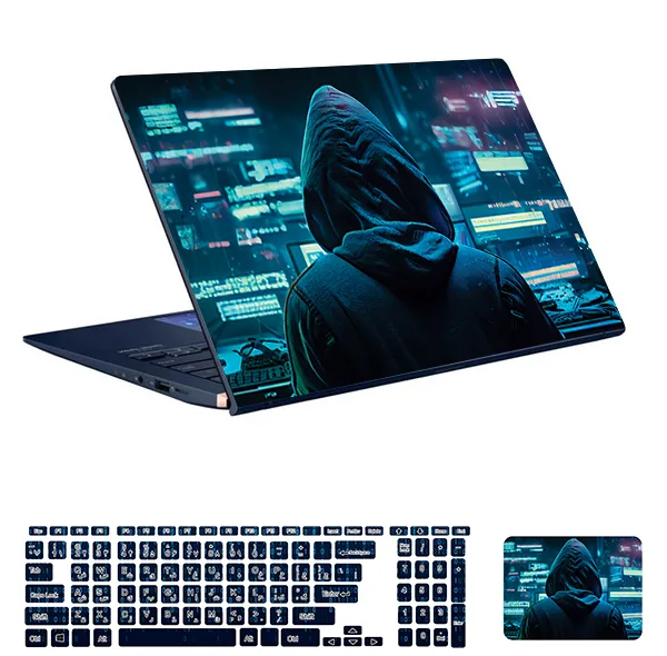 استیکر لپ تاپ توییجین و موییجین طرح هکر کد 30 مناسب برای لپ تاپ 15.6 اینچ به همراه برچسب حروف فارسی کیبورد