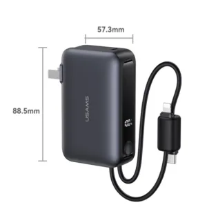 پاوربانک 22.5 وات یوسمز مدل CD260 ظرفیت 10000 میلیآمپرساعت به همراه 2 عدد کابل USB-C و لایتنینگ