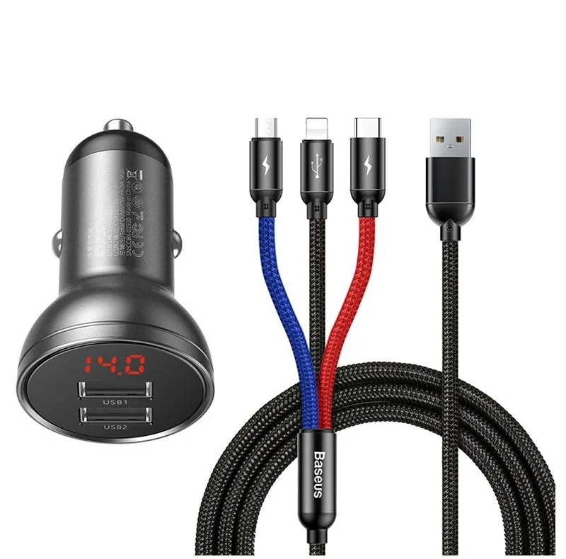 شارژر فندکی  باسئوس مدل Car Charger Suit-24W به همراه کابل تبدیل microUSB/ USB-C / لایتنینگ