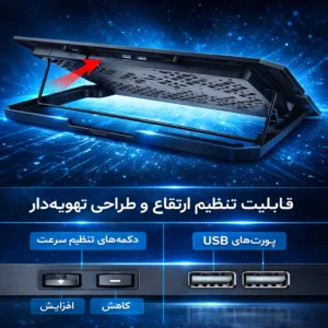 پایه خنککننده لپتاپ لوتوس مدل GF۲۱۷ دارای چهار عدد فن مناسب برای لپ تاپهای 14.1 تا 15.6 اینچی
