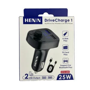 شارژر فندکی هنین 25 وات 2 پورت مدل DriveCharge 1 به همراه کابل تبدیل USB-A به USB-C به طول 1 متر