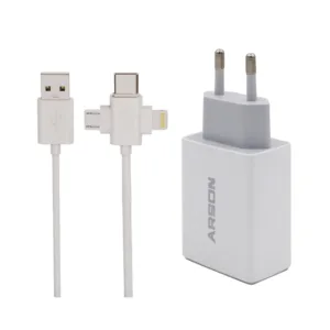 شارژر دیواری 15 وات آرسون مدل AN-W3B همراه کابل USB به لایتنینگ/USB-C/MicroUSB