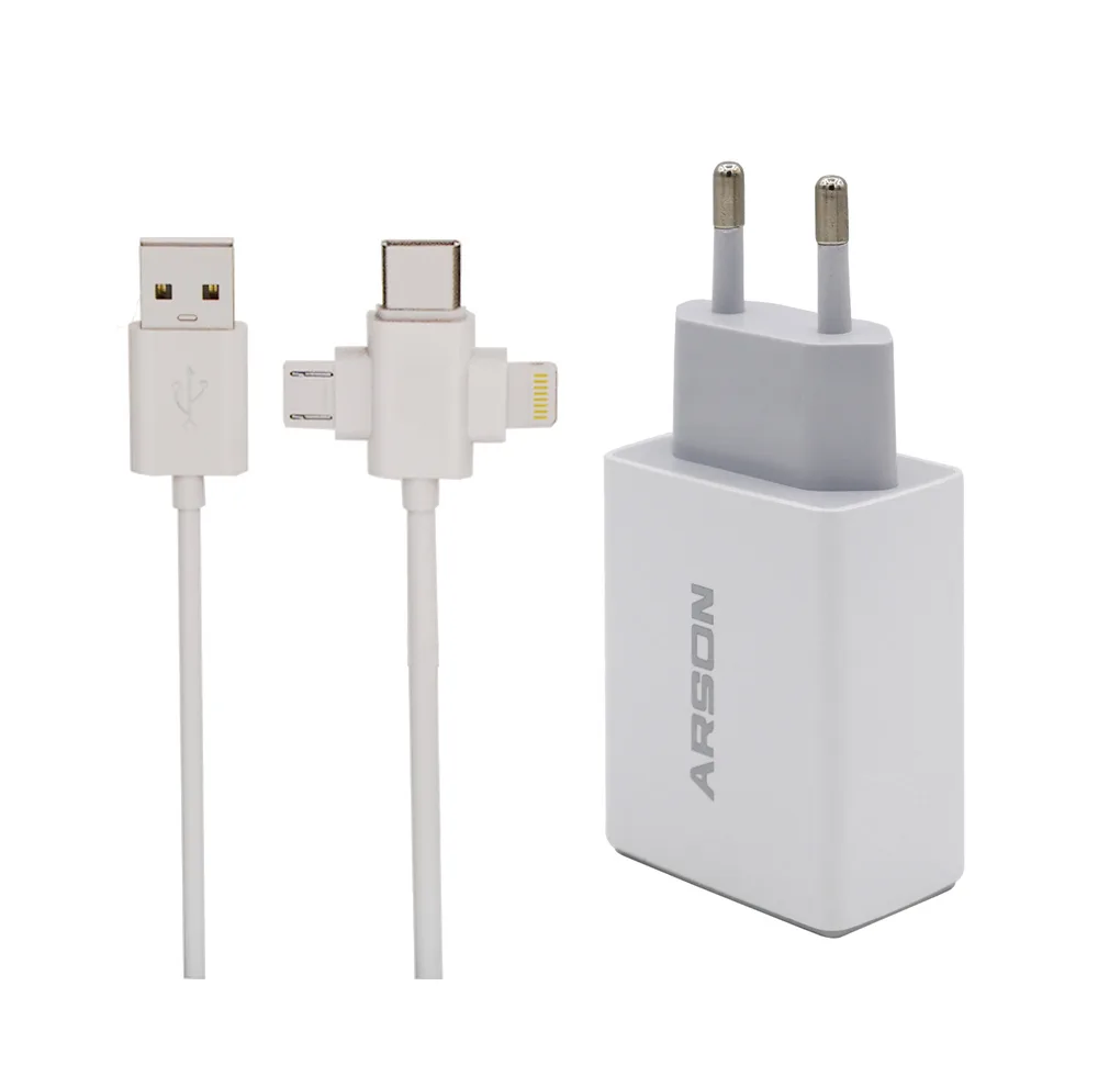 شارژر دیواری 15 وات آرسون مدل AN-W3B همراه کابل USB به لایتنینگ/USB-C/MicroUSB