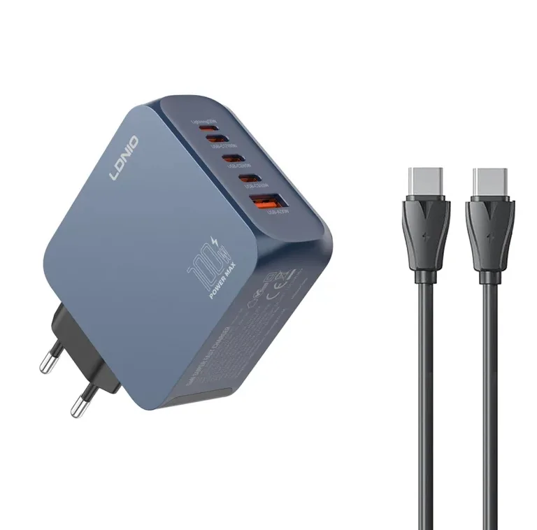 شارژر دیواری 100 وات 5 پورت الدینیو مدل Q8 به همراه کابل USB-C