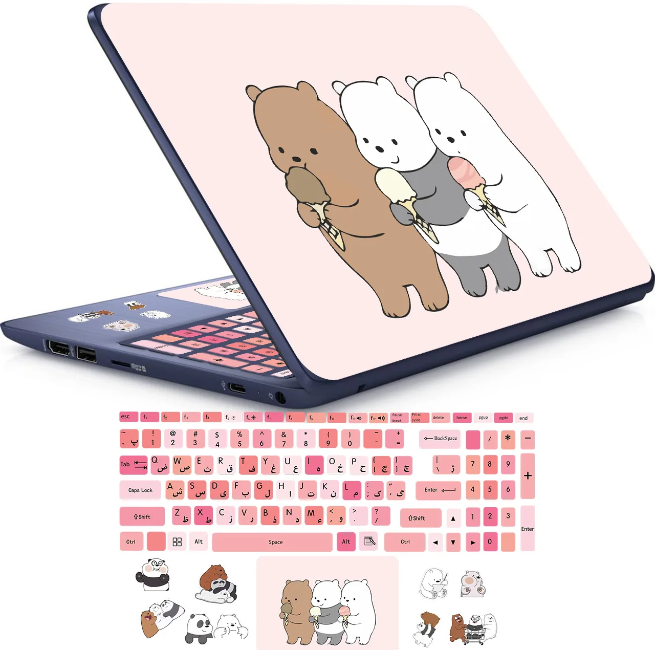 استیکر لپ تاپ راتیانا مدل panda khenge 08 مناسب برای لپ تاپ 15 تا 17 اینچ به همراه برچسب حروف فارسی کیبورد