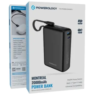 پاوربانک 40 وات پاورولوجی مدل MONTREAL ظرفیت 20000 میلیآمپرساعت