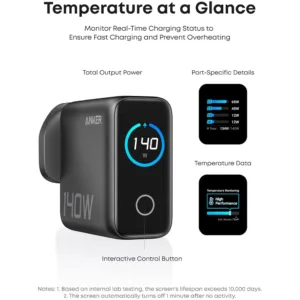 شارژر دیواری 140 وات 4 پورت انکر مدل B0DPKP7RD8 به همراه کابل USB-C به طول 1.5 متر