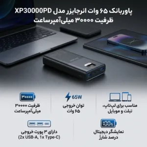 پاوربانک 65 وات انرجایزر مدل XP30000PD ظرفیت 30000 میلی‌آمپرساعت