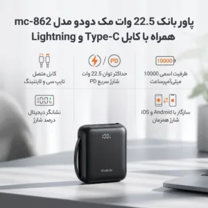 پاوربانک ۲۲.۵ وات مک دودو مدل Mc-862 با ظرفیت ۱۰۰۰۰ هزار میلی آمپر ساعت به همراه دو کابل USB-C و لایتنینگ