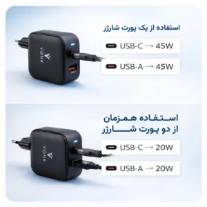 شارژر دیواری 45 وات دو پورت وونک مدل PD 45 به همراه کابل usb-c