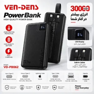 پاوربانک 22.5 وات وندنز مدل PB062 ظرفیت 30000 میلی‌آمپرساعت
