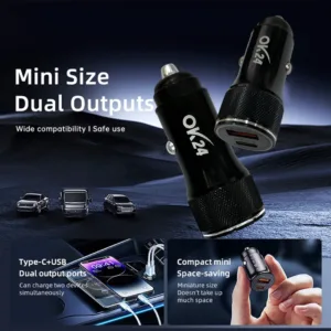 شارژر فندکی 25 وات دو پورت اوکی 24 مدل CFM