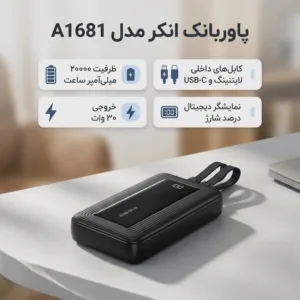 پاوربانک انکر مدل A1681 ظرفیت 20000 میلی آمپر ساعت به همراه کابل لایتنیگ و کابل USB Type-C