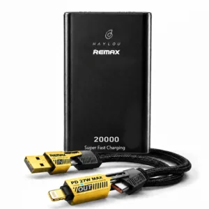 پاوربانک 25 وات ریمکس مدل + X1 PRO ظرفیت 20000 میلیآمپرساعت به همراه یک عددکابل USB-A/لایتنینگ/USB-C