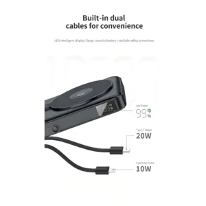 پاوربانک 20 وات رسی مدل RPB-W27 ظرفیت 10000 میلی‌آمپر‌ساعت به همراه کابل متصل USB-C و لایتنینگ