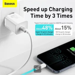 شارژر دیواری باسئوس مدل TZCCSUP-20W به همراه کابل تبدیل لایتنینگ