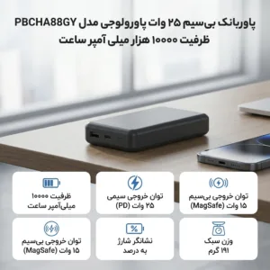 پاوربانک بیسیم ۲۵ وات پاورولوجی مدل PBCHA88GY ظرفیت ۱۰۰۰۰ هزار میلی آمپر ساعت
