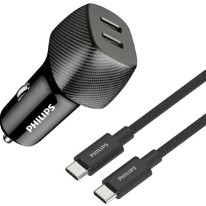 شارژر فندکی 30 وات 2 پورت فیلیپس مدل DLP5522C به همراه کابل تبدیل USB-C