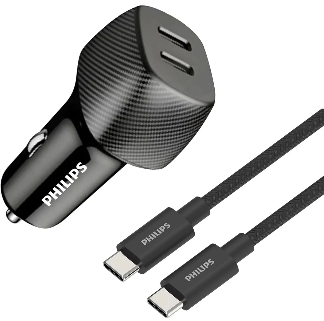 شارژر فندکی 30 وات 2 پورت فیلیپس مدل DLP5522C به همراه کابل تبدیل USB-C