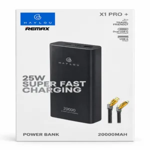 پاوربانک 25 وات ریمکس مدل + X1 PRO ظرفیت 20000 میلیآمپرساعت به همراه یک عددکابل USB-A/لایتنینگ/USB-C