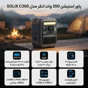 پاور استیشن 300 وات انکر مدل SOLIX C300 A1722 (AC Plug) ظرفیت 90000 میلی‌آمپرساعت معادل 288 وات ساعت